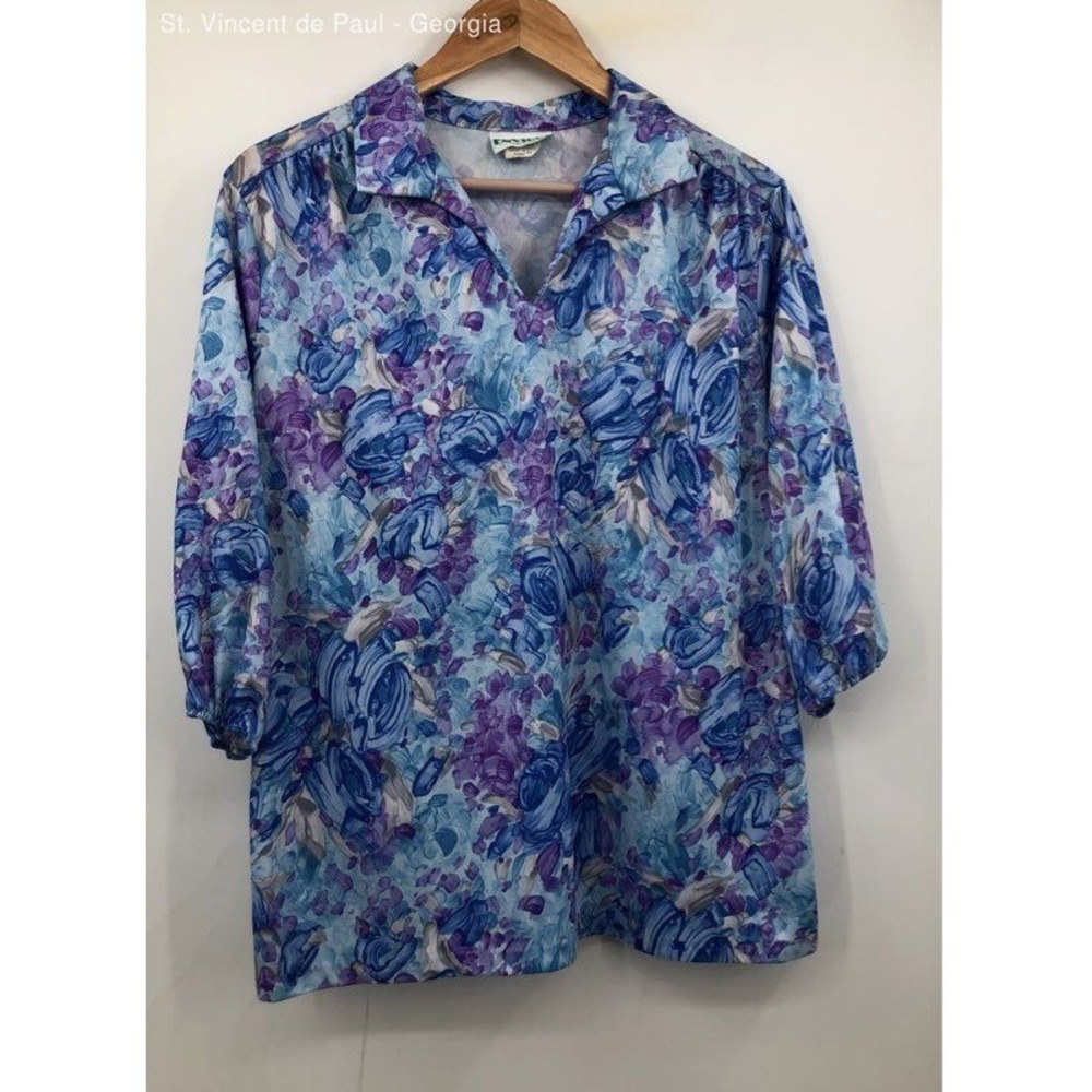 Envious Blue & Purple Floral Vintage USA Made Long Sleeve Pullover Blouse -Sz 20